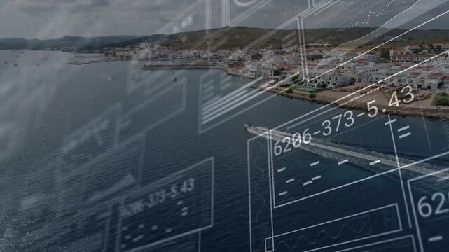 Drone showing coastal town with white buildings, motorboat moving right leaving wake, HUD shifting