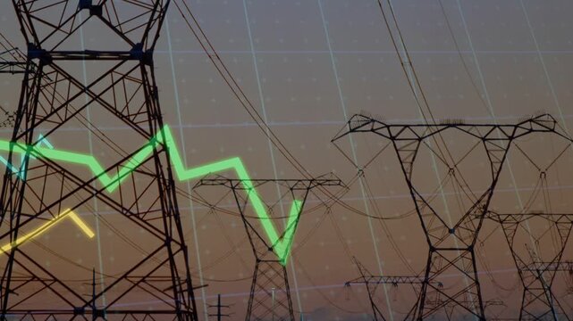 Power pylons dusk, frame 1 starting neon trace zigzagging across grid, mapping load, spiking