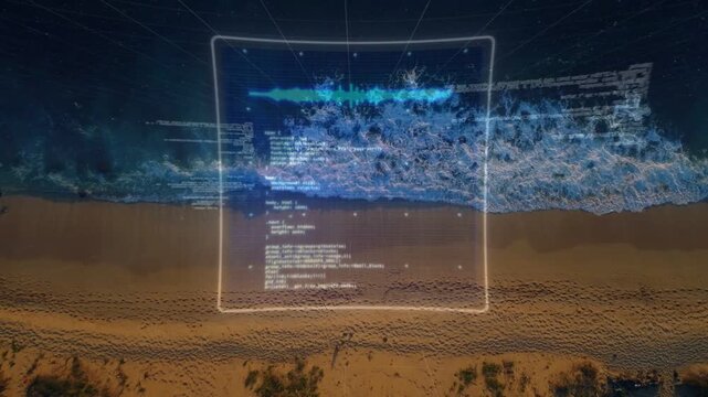 Aerial shore hosting holo core appearing radiating charts aligning along surf for coastal tech