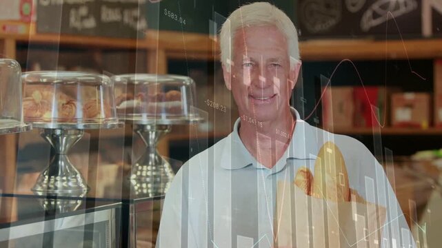 Senior man holding baguettes in bakery, reacting to rising finance charts overlaying scene