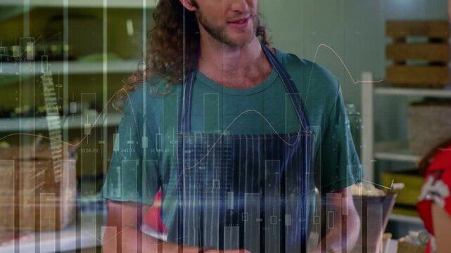 Serving man in apron and woman preparing at stall counter with green fruit and chart overlay