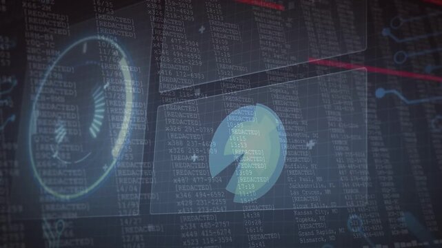 Two HUD panels visualizing diagnostics, red scan line causing wedge rotating while code scrolling