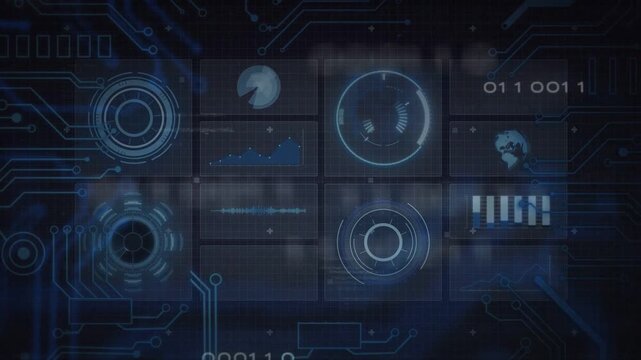 Holographic 3x3 grid brightening with blue circuit traces sweeping, revealing diagnostics charts