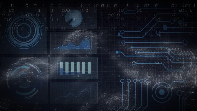 Boot pulse activating HUD charts animating bars filling mist sweeping traces lighting for live data