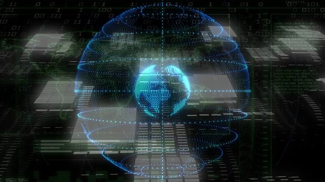 Cyan particles converging into holographic globe, orbiting rings tightening for tech monitoring