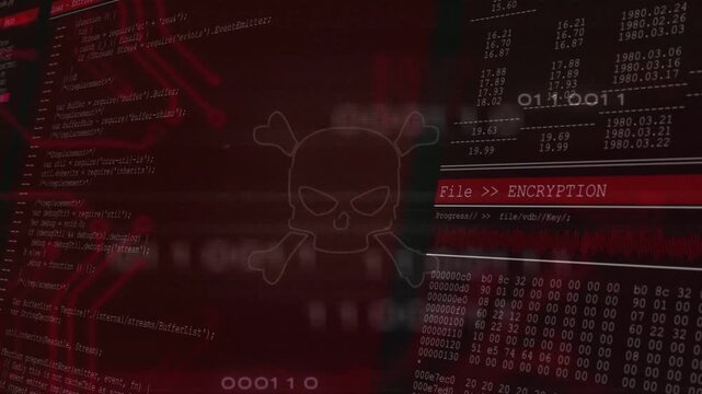 Displaying centered skull overlay on console with left scrolling code, right hex, FileENCRYPTION