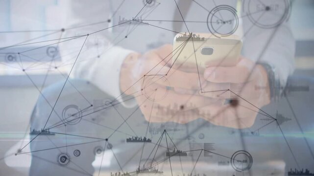 Man tapping phone, initial tap starting overlay nodes sliding and aligning while viewing analytics