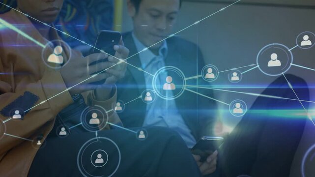 Tapping two seated commuters in suit and tan coat using smartphones on transit, with network HUD
