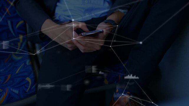 Businessman tapping and scrolling smartphone on transit, activating network HUD and reviewing data