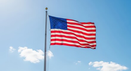 Fototapeta premium American flag waving in blue sky on flagpole, symbol of freedom and patriotism.