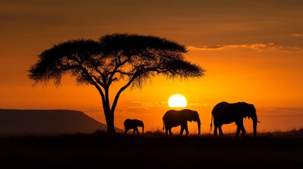 Fototapeta premium Elephants at sunset serengeti national park wildlife photography natural landscape silhouetted view majestic nature scene