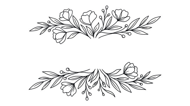 Elegant black and white floral ornamental border with symmetrical leaves and buds, decorative divider design for invitations and borders