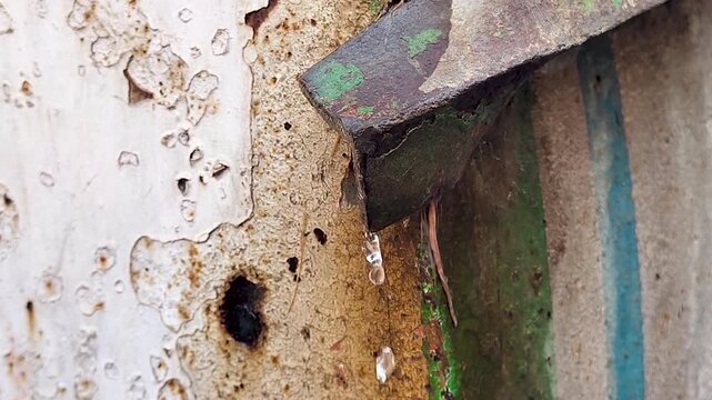 Water dripping from rusty metal surface, corrosion texture, weathered wall, decay detail, urban industrial background, close-up of leak and rust.