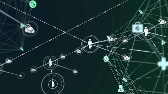 Central icon extending line, spawning person nodes and linking medical icons for health net on teal