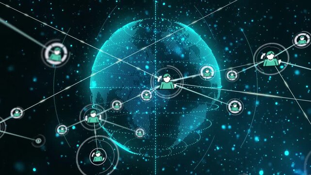 Central avatar emerging on dotted globe, spawning linked nodes, drawing lines, showing tech network
