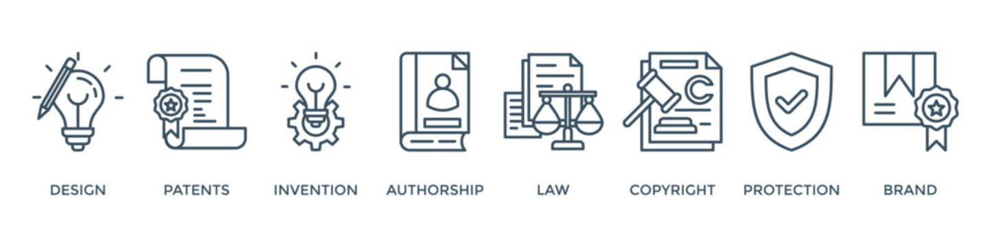Intellectual property banner web icon vector illustration concept for trademark with icon of design, patents, invention, authorship, law, copyright, protection, and brand