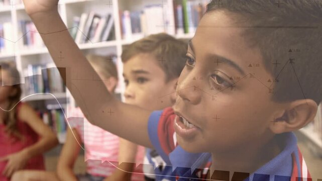 Students sitting in library by shelves watching boy wearing striped polo raising hand with overlays