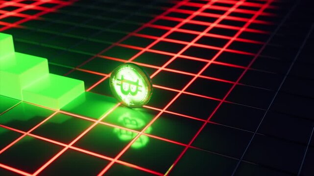 Digital animation of a glowing bitcoin coin rolling down a green staircase chart, symbolizing a decrease in value, with a red grid representing market volatility and financial crisis