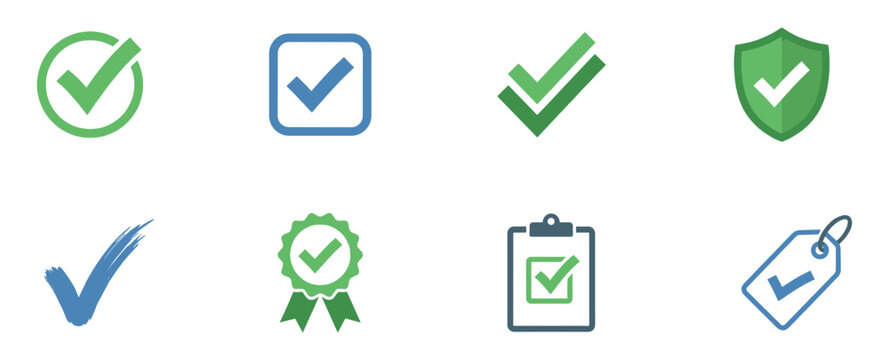 Set of check mark icons. Tick symbols for validation and quality approval. Vector Illustration.	