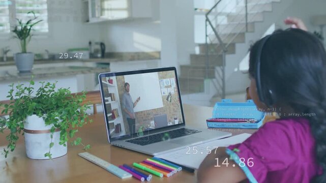 Student at table watching laptop teacher causing AR graphs between laptop and student for education