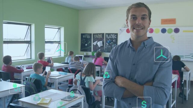 Teacher pivoting forward, class tapping tablets causing teal icons grouping around him for learning