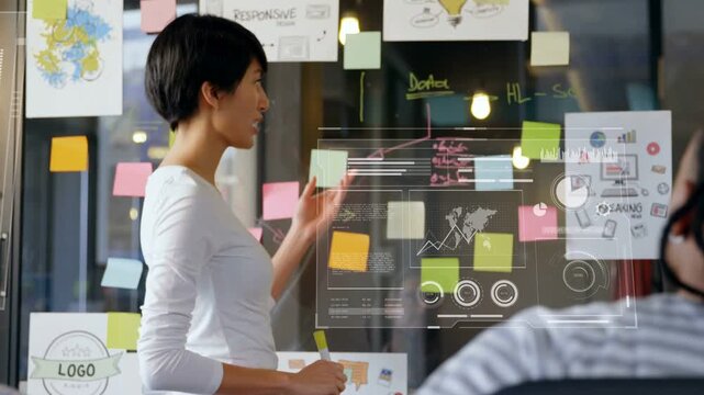 HUD appearing, initiating presenter speaking and gesturing, touching postits on glass for planning