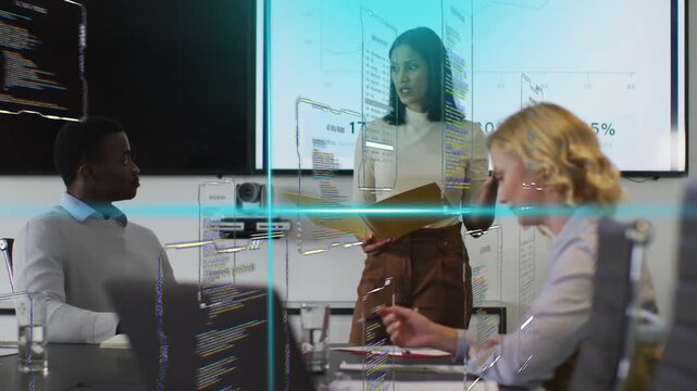 Diverse team watching Asian presenter holding yellow folder in meeting room with 95% chart overlay