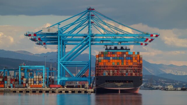 Timelapse of large container ship offloading cargo by giant quay cranes in a busy container port terminal. Trucks moving containers in motion blur. Sunny day with intermittent clouds with sun peeking.