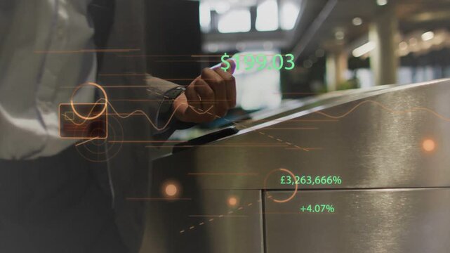 Commuter raising watch to contactless gate reader, AR finance data updating while confirming access