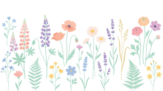 Pastel watercolor wildflowers pattern featuring lavender, poppies, daisies and greenery for spring decor and floral design