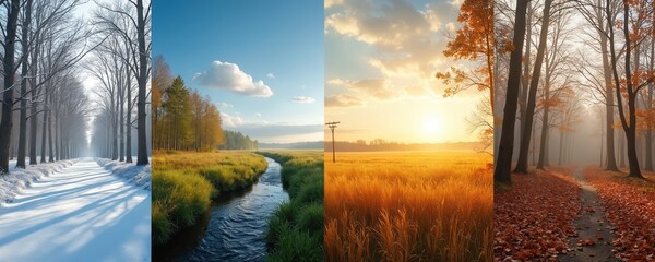 Obraz premium Split image shows Ukraine landscapes changing through. Winter snow path spring river meadow summer sunset field autumn forest trail with fallen leaves. Nature cycle.