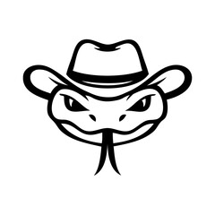 Logotipo con dibujo minimalista con líneas de la cabeza de una serpiente con lengua bífida y sombrero de cowboy vintage, vista de frente  © teracreonte