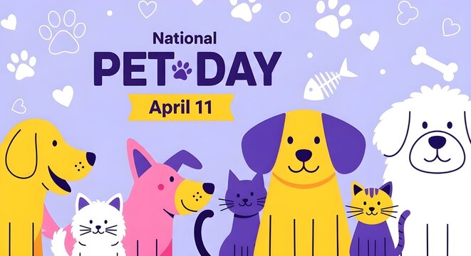 Cute pet day banner template with cats and dogs. Cartoon bright vector poster with flat pets.
