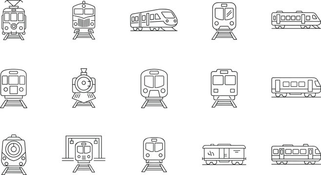 Comprehensive collection of train and railway line icons including steam engines, high speed subways, metro systems, and cargo freight cars for transportation travel and logistics designs.