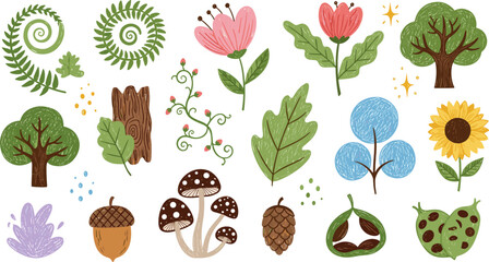 Nature Elements Icon Set Featuring Trees, Flowers, Leaves, Mushrooms, Acorns, and Organic Designs for Gardening, Plants, and Environmental Illustrations © MstJuli