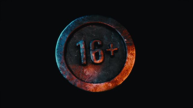 A 3D metallic 16+ age restriction badge slowly rotates in darkness as a rim light illuminates it. Perfect for teen content warnings and cinematic trailers.