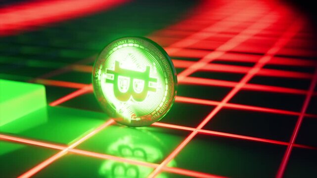 Green luminous bitcoin coin slowly rolling across a reflective dark surface with a glowing red grid, representing the fluctuating nature of the cryptocurrency market and modern digital finance