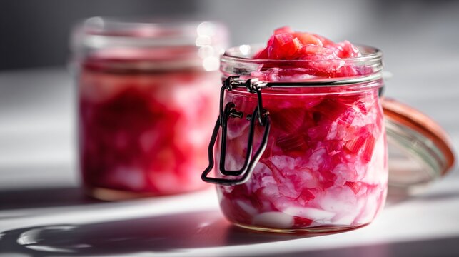 A rhubarb compote simmered until glossy and vibrant pink, spooned over vanilla yogurt in a glass jar under bright spring morning sunlight