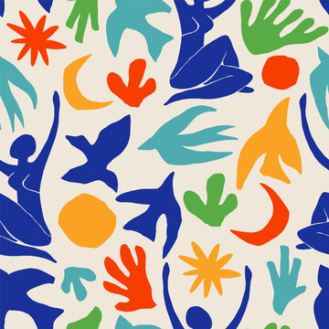 Seamless abstract pattern with stylized human figures, birds, hands, moons and organic shapes in bold colors. Modern artistic composition with playful forms, ideal for textiles, decor and prints.