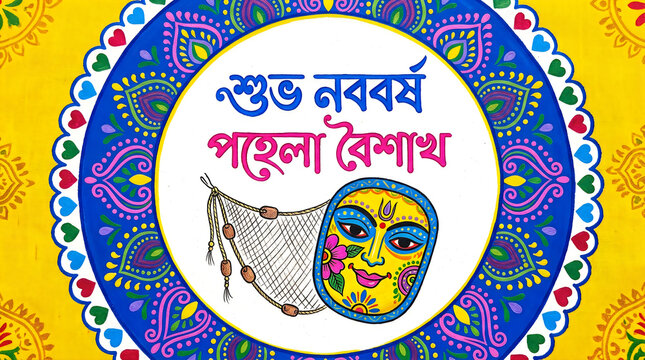 Vibrant bengali new year poila boishakh celebration with colorful mask and fishing net on yellow background with blue floral pattern