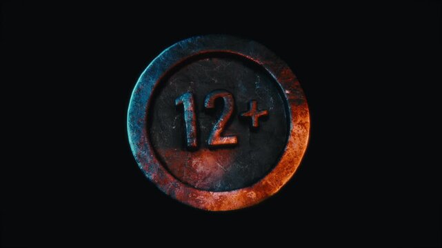 A 3D metallic 12+ age restriction badge slowly rotates in darkness as a rim light illuminates it. Perfect for preteen content warnings and cinematic trailers.