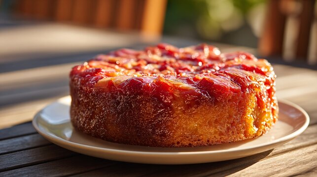 A rhubarb upside-down cake baked until caramelized and golden under warm afternoon sun