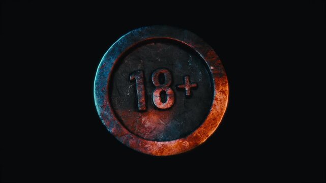 A 3D metallic 18+ age restriction badge slowly rotates in darkness as a rim light illuminates it. Perfect for mature content warnings and cinematic trailers.