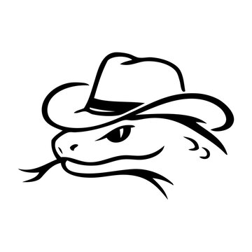 Logotipo con dibujo minimalista con l&iacute;neas de la cabeza de una serpiente con lengua b&iacute;fida y sombrero de cowboy vintage, vista de perfil 