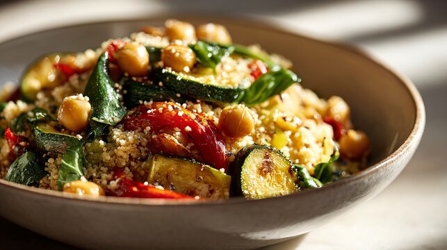 A spring vegetable couscous bowl with roasted zucchini and chickpeas under bright natural light