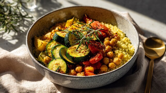 A spring vegetable couscous bowl with roasted zucchini and chickpeas under bright natural light