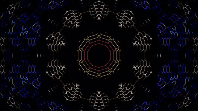 Symmetrical kaleidoscope motif with blue diamond shapes forming a glowing geometric pattern on a black background.	