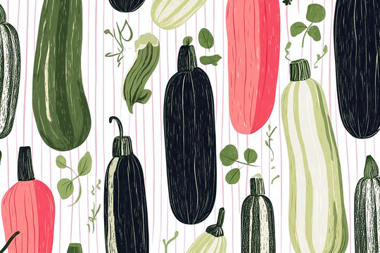 zucchini and summer squash pattern with green and yellow vegetables and small leaves on soft striped background modern botanical food illustration with fresh farm style perfect for kitchen textile pac