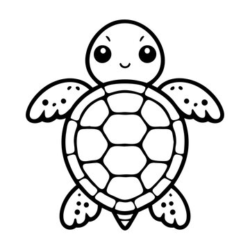Cute baby sea turtle cartoon black and white outline vector Coloring book for kids