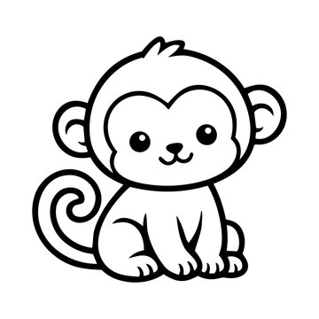 Cute baby monkey cartoon black and white outline vector illustration